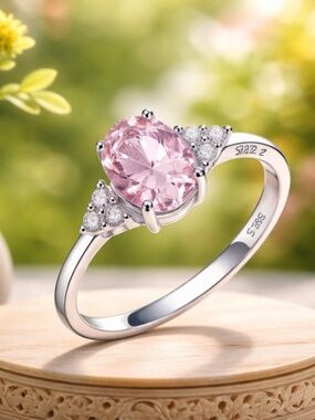 New Light Pink Morganite Ring Sterling Silver, May June birthstone